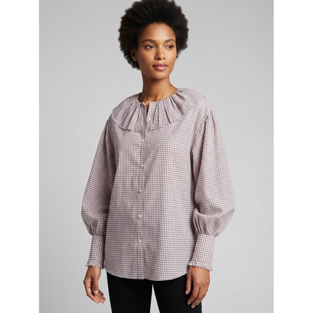 Zara Pink Grid Check Ruffle Collar Puff Sleeve Blouse XS Oversized Top Romantic
